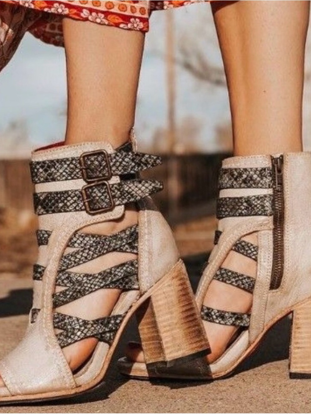 FREEBIRD Tiara Beige and Gray Strappy Open Toe Boot